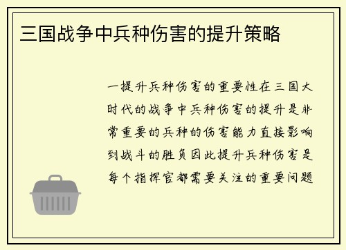 三国战争中兵种伤害的提升策略